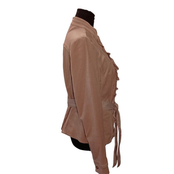 White House Black Market Womens Ruffled Beige Jacket Belted Waist & Button Cuffs - Picture 5 of 11
